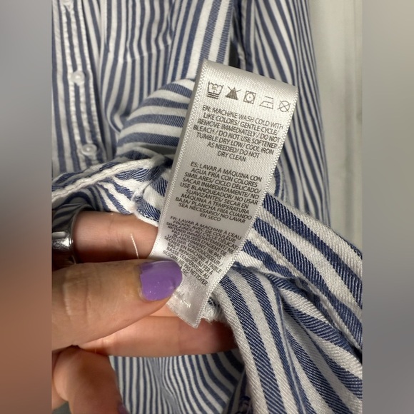 beachlunchlounge Blue and White Striped Long Sleeve Button Up Shirt Large - Picture 6 of 7